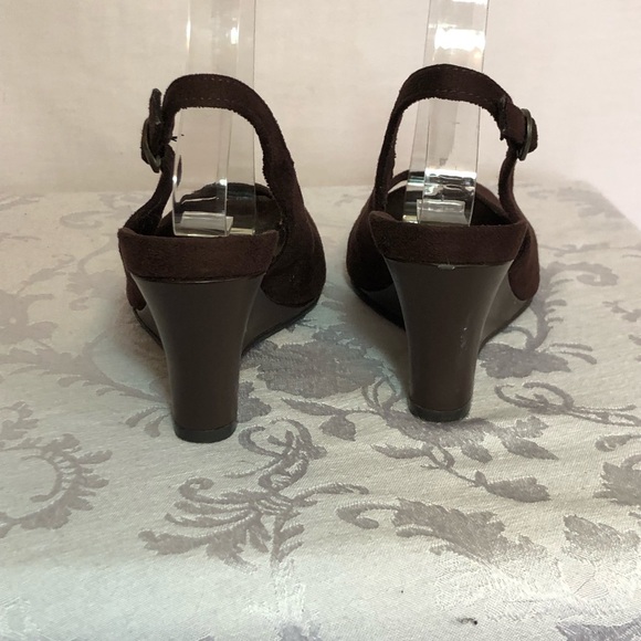Chocolate brown suede open toe wedge sling back shoes size 5 Dexter - Picture 5 of 11